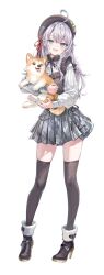  1girl :d ahoge alisa_mikhailovna_kujou animal artist_request baby_animal beret black_thighhighs blue_eyes blush breasts brown_hat dog frilled_shirt frills full_body grey_skirt hair_ribbon hat high_heels highres holding holding_animal holding_dog long_hair long_sleeves looking_at_viewer neck_ribbon open_mouth pleated_skirt puffy_long_sleeves puffy_sleeves puppy red_ribbon ribbon second-party_source shiba_inu shirt skirt smile solo standing thigh-highs thighs tokidoki_bosotto_roshia-go_de_dereru_tonari_no_alya-san white_shirt 