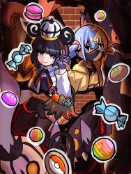  2girls absurdres bandeau basket bisque_dog black_dress black_pantyhose blonde_hair blue_hair blunt_bangs bob_cut brick_wall canari_(pokemon) candy candy_cane chandelure closed_mouth coat crop_top dress eelektross food gengar gloves gourgeist gwynn_(pokemon) hair_between_eyes halloween hat highres holding holding_basket holding_hands jacket long_sleeves looking_at_viewer macaron mask mouth_mask multicolored_hair multiple_girls open_clothes open_coat open_jacket pantyhose partially_fingerless_gloves pokemon pokemon_(creature) pokemon_legends:_z-a purple_gloves purple_hair short_hair split-color_hair telekinesis through_wall two-tone_hair violet_eyes white_coat yellow_jacket 