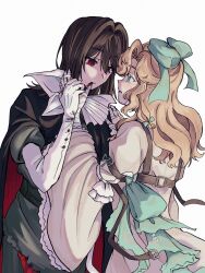  2girls aqua_bow aqua_eyes bandaged_hand bandages black_cape blonde_hair blood blood_on_face bow brown_hair cape dress eye_contact face-to-face gloves green_shirt green_skirt hand_on_another&#039;s_face hand_on_another&#039;s_shoulder hand_up hands_up highres interboat long_hair looking_at_another lorelei_(reverse:1999) multiple_girls neckerchief profile red_eyes reverse:1999 semmelweis_(reverse:1999) shirt skirt upper_body white_background white_dress white_gloves white_neckerchief wide_sleeves wiping_face yuri 