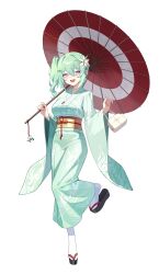  1girl absurdres bag breasts charm_(object) chico_(yuzuha_riko) double-parted_bangs foot_up full_body g_godocbaek green_hair green_kimono hair_between_eyes hair_ornament hairclip handbag hands_up hashtag-only_commentary highres holding holding_umbrella japanese_clothes kanzashi kimono large_breasts long_sleeves looking_at_viewer medium_hair obi oil-paper_umbrella open_mouth parallel_hairclips sandals sash side_ponytail simple_background smile solo standing standing_on_one_leg stellive tabi umbrella virtual_youtuber white_background wide_sleeves yuzuha_riko 