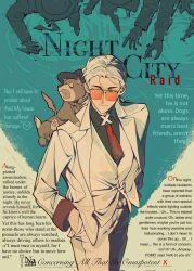  1boy ahu_(to_be_hero_x) black_hat black_shirt brown_eyes collared_shirt cowboy_shot dog_on_shoulder english_text fedora hair_slicked_back hat highres jacket light_smile male_focus medium_hair naiann49374 necktie orange-tinted_eyewear pants red_necktie shar_pei shirt suit suit_jacket sunglasses tinted_eyewear to_be_hero to_be_hero_x vest waistcoat white_hair white_jacket white_pants white_suit white_vest x_(to_be_hero_x) x_ornament 