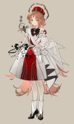  1girl :| absurdres angel_wings arched_crown bare_shoulders black_bow black_bowtie black_shoes blue_eyes bow bowtie braid brooch brown_background chinese_commentary closed_mouth commission cross crown curtained_hair detached_collar dress expressionless feathered_wings flipped_hair flower flower_ornament footwear_ribbon forehead_jewel freeze_(867139) full_body hair_intakes half_up_braid halo high_heels highres holding holding_scepter jewelry light_blush logo long_hair looking_at_viewer low_wings medium_dress off-shoulder_dress off_shoulder orange_hair original parted_bangs red_dress rose sample_watermark sash scepter shoes shoulder_sash sideways_glance simple_background solo spats_(footwear) standing sun_symbol tassel three-quarter_sleeves two-tone_dress very_long_hair watermark white_dress white_flower white_rose white_sash white_wings wings wolf_cut 