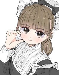  1girl animification black_dress blunt_bangs brown_hair closed_mouth commentary dress grey_eyes half-heart_hands hand_on_own_cheek hand_on_own_face highres link!_like!_love_live! long_hair long_sleeves looking_at_viewer love_live! low_ponytail maid maid_headdress miyake_miu official_alternate_costume ponytail real_life seeno_de!_hasu_no_sora! selfie sidelocks simple_background smile solo split_mouth symbol-only_commentary tazaki_masanobu voice_actor white_background 