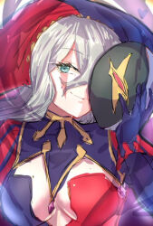  1girl black_gloves black_mask carnival_(wixoss) closed_mouth gloves green_eyes grey_hair hat holding holding_mask jester_cap leotard lone_nape_hair looking_at_viewer mask moepi_(itsuka05) purple_hat purple_leotard red_hat red_leotard scar scar_across_eye scar_on_face smile solo two-tone_hat two-tone_mask white_mask wixoss 