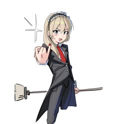  1girl absurdres black_coat black_pants broom chinese_commentary coat commentary_request earclip fang girls_band_cry grey_eyes grey_hair haidao_mao highres holding holding_broom kawaragi_momoka maid_headdress nail_polish necktie open_mouth pants red_nails red_necktie solo tailcoat teeth upper_teeth_only 
