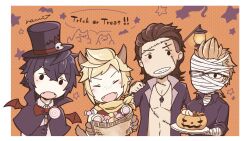  4boys animal_ears animal_hands bandaged_head bandages bandana bare_pectorals basket bat_wings black_capelet black_eyes black_gloves black_hair black_hat black_shirt blonde_hair bow bowtie brown_hair candy capelet claws closed_eyes collared_shirt commentary_request fangs final_fantasy final_fantasy_xv food gladiolus_amicitia glasses gloves hair_slicked_back halloween halloween_costume hand_up hands_up hat holding holding_basket holding_candy holding_food holding_lollipop holding_plate ignis_scientia jack-o'-lantern jewelry kemonomimi_mode light_blush lollipop male_focus multiple_boys nami_ff15ty necklace noctis_lucis_caelum open_clothes open_mouth open_shirt orange_background pectorals plate polka_dot polka_dot_background prompto_argentum red_bow red_bowtie red_wings scar scar_on_chest scar_on_face shirt signature skull_ornament smile spiky_hair star_(symbol) tail top_hat trick_or_treat upper_body white_shirt wings wolf_boy wolf_ears wolf_tail yellow_bandana 