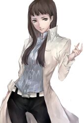  1girl 2020 atlus belt blue_shirt brown_hair hair_between_eyes highres ichinose_kuon lab_coat long_hair mature_female persona persona_5 persona_5_scramble:_the_phantom_strikers pertex_777 scientist shirt simple_background smile white_background 