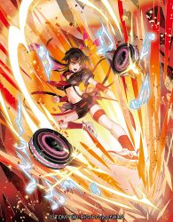  1girl black_shirt black_shorts long_hair looking_at_viewer moreshan multicolored_hair official_art open_mouth purple_hair red_eyes red_shoes red_socks rider_kick shirt shoes shorts socks solo streaked_hair suspender_shorts suspenders thigh_strap white_shoes wixoss yellow_eyes yuzuki_(wixoss) 