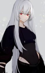  alternate_costume belt black_leotard character_request closed_mouth clothing_cutout covered_navel cowboy_shot cropped_jacket grey_background hair_between_eyes highleg highleg_leotard highres hip_vent leotard long_hair looking_at_viewer lu_m_i original pants red_eyes simple_background standing white_hair 