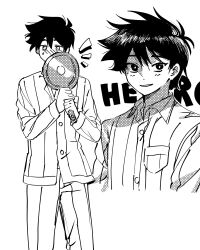  1boy absurdres antenna_hair blush breast_pocket bright_pupils bu3hgg character_name frying_pan greyscale hero_(headspace)_(omori) hero_(omori) highres holding holding_frying_pan long_sleeves looking_at_viewer male_focus monochrome omori pajamas pants parted_lips pocket short_hair simple_background smile solo striped_clothes striped_pajamas striped_pants vertical-striped_clothes vertical-striped_pajamas vertical-striped_pants 
