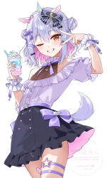  1boy absurdres animal_ears black_skirt blue_hair bow brooch brown_eyes buttons colored_inner_hair cowboy_shot crossdressing crossdressing_(mtf) dog_tail double_bun fake_animal_ears fake_horns food hair_bow hair_bun hair_ribbon halter_shirt halterneck heart_button highres horns ice_cream inuyama_tamaki jewelry looking_at_viewer male_focus mikiruchi multicolored_hair multiple_hair_bows noripro off-shoulder_shirt off_shoulder one_eye_closed puffy_short_sleeves puffy_sleeves purple_ribbon purple_shirt ribbon shirt short_sleeves simple_background skirt smile solo star-shaped_buckle tail thigh_strap trap two-tone_hair unicorn_horn v virtual_youtuber white_background wrist_cuffs 