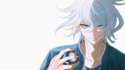  1boy ball baseball_(object) blue_jacket collarbone eyelashes hair_between_eyes hand_up hashtag-only_commentary highres hira_icigocha holding holding_ball jacket kamiya_shun looking_at_viewer male_focus shirt short_hair simple_background smile solo straight-on tribe_nine upper_body white_background white_hair 