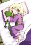 bed blonde_hair closed_eyes dollar frog lying moriya_suwako on_side pajamas pillow sleeping touhou 