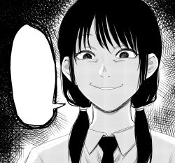  1girl @_@ blank_speech_bubble commentary_request crazy_eyes crazy_smile greyscale highres koma_neko low_twintails monochrome necktie portrait smile solo speech_bubble tamura_yuri template twintails watashi_ga_motenai_no_wa_dou_kangaetemo_omaera_ga_warui! 