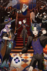  4boys absurdres alternate_costume animal_ears bandaged_head bandages birdcage black_capelet black_hair black_hat black_nails black_shoes black_shorts blue_hair bow bowtie buttons cage capelet cat_boy cat_ears cat_tail chandelier checkered_floor claw_pose commentary_request demon_boy demon_tail demon_wings dytica_(nijisanji) fangs floating full_body ghost gloves green_eyes green_hair half_gloves halloween hand_on_own_chest hat heterochromia highres holding holding_cage hoshirube_sho inami_rai indoors jack-o&#039;-lantern_print kemonomimi_mode koyanagi_rou long_hair long_sleeves looking_at_viewer male_focus multicolored_hair multiple_boys murakumo_kagetsu nagikiho nail_polish nijisanji open_mouth orange_bow orange_bowtie otomo_(hoshirube_sho) otomo_(inami_rai) otomo_(koyanagi_rou) puffy_sleeves purple_hair purple_vest red_eyes shirt shoes short_hair shorts sidelocks skeleton_costume smile stairs streaked_hair string_of_flags striped_clothes striped_vest tail tentacles top_hat vertical-striped_clothes vertical-striped_vest vest violet_eyes virtual_youtuber watakumo_(murakumo_kagetsu) white_hair white_shirt window wings witch_hat 