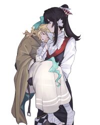  2girls aqua_bow bandaged_foot bandaged_hand bandages black_gloves black_hair black_skirt black_vest blonde_hair bow brown_cape cape carrying carrying_person closed_eyes cowboy_shot dress gloves hair_bow highres interboat long_dress long_hair looking_at_another lorelei_(reverse:1999) multiple_girls neckerchief ponytail princess_carry profile reverse:1999 semmelweis_(reverse:1999) shirt skirt sleeping vest white_background white_dress white_neckerchief white_shirt 