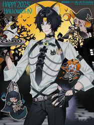  +_+ 1boy 3girls absurdres alternate_costume animal_ear_fluff animal_ears animal_hands antenna_hair artist_name asaba_harumasa asaboo_(zenless_zone_zero) bandage_over_one_eye bandaged_ear bangboo_(zenless_zone_zero) bare_tree bat_(animal) belt black_bow black_cape black_gloves black_hair black_hat black_nails black_necktie black_pants black_shoes black_skirt black_tail blue_eyes blue_horns blue_oni blue_skin bow bow_choker bowtie brooch candy cape chain chibi choker claws colored_skin cowboy_shot crescent_wand ear_piercing earrings english_text fang fingernails fishnet_pantyhose fishnets food fox_ears fox_girl glasses gloves hair_between_horns halloween hand_on_own_hip happy_halloween hat headband heterochromia highres holding holding_plate horns hoshimi_miyabi hourglass_earrings jewelry katana lapel_pin large_hat long_fingernails looking_at_viewer mansion moon multicolored_horns multiple_girls naru9 necktie night oni orange_bow orange_bowtie pants pantyhose parted_bangs parted_lips paw_gloves piercing pink_hair plate pointy_ears pumpkin_hat red_eyes sharp_tail shirt shoes short_hair silver_ring skin-covered_horns skirt sleeves_rolled_up socks soukaku_(zenless_zone_zero) stitches striped_clothes striped_socks sword tailless_(zenless_zone_zero) target thigh-highs torn_clothes torn_thighhighs tree tsukishiro_yanagi weapon white_hair white_shirt wing_brooch witch witch_hat yellow_eyes yellow_headband zenless_zone_zero 