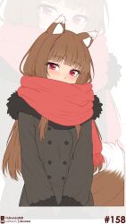  1girl absurdres animal_ears black_jacket blush brown_hair fur-trimmed_jacket fur_trim highres holo jacket likunea long_hair looking_at_viewer patreon_logo patreon_username red_scarf scarf simple_background solo spice_and_wolf tail twitter_username twitter_x_logo wolf_ears wolf_girl wolf_tail zoom_layer 