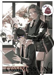  >_< 2boys absurdres ahoge alternate_costume anger_vein aotsuki_eito armband bag blob blue_eyes book border chair character_print chinese_commentary collared_shirt commentary_request commission desk eraser flying_sweatdrops frown glasses googly_eyes greyscale grin heart highres holding holding_book holding_manga hood hoodie image_in_speech_bubble image_in_thought_bubble indoors jacket jacket_over_hoodie kiss light_blush looking_at_another male_focus manga_(object) monochrome monokuma multicolored_hair multiple_boys necktie on_chair outside_border pencil red_pupils ringed_eyes sample_watermark school_bag school_desk shirt short_hair smile speech_bubble spot_color streaked_hair sumino_takumi sususan38758 sweatdrop sweater_vest the_hundred_line_-last_defense_academy- thought_bubble violet_eyes watermark window 