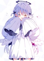  1girl blue_eyes blurry blurry_foreground commentary cowboy_shot dress feathered_wings grey_hair halo heart heterochromia highres long_hair low_wings original simple_background sleeves_past_fingers sleeves_past_wrists solo squinting suisei_1121 two_side_up white_background white_dress wings yellow_eyes 