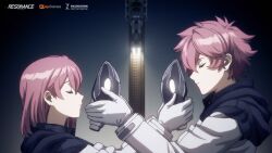 1boy 1girl closed_eyes closed_mouth conductor_(resonance_solstice) copyright_name dual_persona from_side gas_mask gloves highres holding holding_mask mask official_art pink_hair resonance_solstice second-party_source upper_body white_gloves 