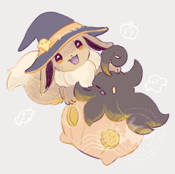  brown_eyes eevee fangs halloween hat no_humans one_eye_closed pokemon pokemon_(creature) pokemon_focus pumpkaboo simple_background smile witch_hat yellow_eyes yurano_(upao) 