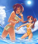  ass back beach bikini blue_eyes brown_hair chikugen_shiina cloud clouds gundam gundam_seed gundam_seed_destiny lunamaria_hawke meyrin_hawke multiple_girls ocean swimsuit twintails wink 