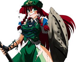  300 blue_eyes braid gloves hat hong_meiling kieyza kiezya parody red_hair redhead shield solo torn_clothes touhou twin_braids 