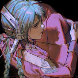  1girl absurdres black_background blue_hair braid braided_twintails char's_counterattack gundam headgear highres jacket long_hair long_sleeves military_uniform quess_paraya simple_background solo su2urann violet_eyes 