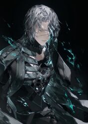  1boy absurdres black_background bodysuit cape commentary covering_one_eye from_side grey_hair hand_on_own_face highres male_focus parted_bangs parted_lips punishing:_gray_raven short_hair simple_background solo symbol-only_commentary upper_body watanabe:_epitaph_(pgr) watanabe_(pgr) yellow_background zhouliang48183 