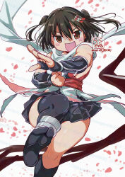  1girl artist_logo asymmetrical_legwear black_hair black_neckerchief black_skirt brown_eyes dated elbow_gloves feet_out_of_frame fingerless_gloves gloves highres kantai_collection kneehighs kutone_shirika logo neckerchief open_mouth petals scarf school_uniform sendai_(kancolle) sendai_kai_ni_(kancolle) serafuku shirt short_hair single_kneehigh single_sock skirt sleeveless sleeveless_shirt socks solo two_side_up uneven_legwear white_scarf 