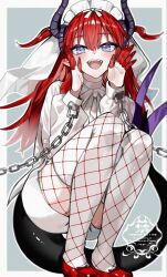  1girl asymmetrical_horns blue_eyes chain cuffs curled_horns dragon_girl dragon_horns dragon_tail dress elizabeth_bathory_(avenger)_(fate) fate/grand_order fate_(series) finger_cots fishnets fishnets_over_socks handcuffs highres horns kabosoi_mangaka long_hair looking_at_viewer pointy_ears red_hair solo tail two_side_up veil white_dress white_headdress white_veil 
