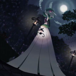  1girl :o arm_at_side artist_name blurry blurry_background bob_cut clouds colored_skin commentary dark dutch_angle english_commentary fire fisheye flat_chest from_below full_body full_moon gardevoir green_hair green_skin hadzuki_iroha hair_over_one_eye hand_up highres holding_lamp lamppost looking_afar moon multicolored_skin night one_eye_covered open_mouth outdoors pokemon pokemon_(creature) red_eyes short_hair signature solo standing two-tone_skin white_skin 