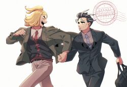  2boys batabiru belt black_belt black_hair black_suit black_sweater blonde_hair blue_necktie briefcase cheekbones collared_shirt grey_shirt hassel_(pokemon) holding holding_briefcase holding_hands larry_(pokemon) male_focus multiple_boys necktie open_mouth parted_lips pokemon pokemon_sv red_necktie salaryman shirt short_hair simple_background suit sweater white_background 