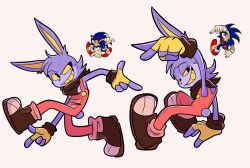animal_ears black_eyes cloudyskyy colored_sclera colored_teeth dentures furry furry_male gloves grid_teeth highres jax_(the_amazing_digital_circus) overalls pink_overalls rabbit_boy rabbit_ears red_overalls reference_inset short_tail smile sonic_(series) sonic_adventure sonic_the_hedgehog tail teeth the_amazing_digital_circus yellow_gloves yellow_sclera yellow_teeth