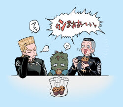  3boys black_hair breath brothers brown_hair commentary_request dollar_sign earrings eighth_note family father_and_son flattop food gakuran grey_hair highres hokkyoku_(uuunnoo2) holding holding_food jewelry jojo_no_kimyou_na_bouken male_focus muffin_top multicolored_hair multiple_boys musical_note nijimura's_father nijimura_keicho nijimura_okuyasu pompadour school_uniform siblings spoken_musical_note tears translation_request two-tone_hair 