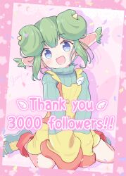  1girl absurdres arms_between_legs blue_eyes commentary_request covered_horns donut_hair_bun double_bun ear_tufts english_text green_hair green_shoes green_sweater hair_bun highres horns jazz_grace kneeling lidelle_(puyopuyo) long_sidelocks looking_at_viewer milestone_celebration open_mouth pink_background pointy_ears puyopuyo puyopuyo_fever shoes short_hair sidelocks sleeves_past_fingers sleeves_past_wrists solo star_(symbol) sweater sweater_under_dress thank_you turtleneck turtleneck_sweater v-bangs wings yellow_horns 