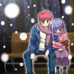  fate/stay_night fate_(series) lowres matou_sakura scarf shared_scarf snow snowing 