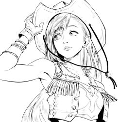  1girl artist_name bare_shoulders beads bracelet breasts closed_mouth cowboy_hat crisis_core_final_fantasy_vii crop_top cropped_vest earrings final_fantasy final_fantasy_vii final_fantasy_vii_rebirth final_fantasy_vii_remake fringe_trim gloves greyscale hair_beads hair_ornament hat highres jewelry kuroiitulip lineart long_hair medium_breasts midriff monochrome official_alternate_costume solo tifa_lockhart tifa_lockhart_(cowgirl) upper_body vest white_background 