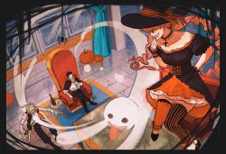  1girl 2boys asymmetrical_legwear bandaged_arm bandaged_torso bandages black_dress black_hair black_hat black_pants black_vest collarbone cross cup dracule_mihawk dress from_above ghost green_hair halloween hat highres holding holding_cup indoors long_hair looking_at_another multiple_boys off-shoulder_dress off_shoulder one_piece pants perona pink_hair pumpkin roronoa_zoro shirt short_hair sitting sitting_on_throne thigh-highs toku0034 vest white_shirt 