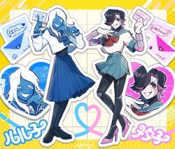  2boys black_eyes black_hair black_pantyhose black_shoes blue_bow blue_sailor_collar blue_skirt bow clothed_robot commentary crossdressing crossdressing_(mtf) deltarune gloves green_sailor_collar green_skirt hands_up heart high_heels holding holding_letter humanoid_robot kana_(kanaice) letter long_skirt male_focus mechanical_arms medium_hair mettaton mettaton_ex multiple_boys one_eye_closed pantyhose pink_shoes pleated_skirt red_bow robot rouxls_kaard sailor_collar school_uniform shirt shoes signature skirt smile symbol-only_commentary undertale utdr_(toby_fox) white_gloves white_hair white_shirt 