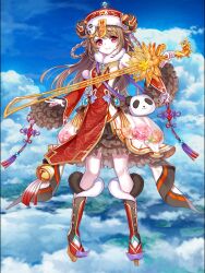  1girl animal_bag bag baizu_(guszx) black_boots boots breasts brown_hair china_dress chinese_clothes closed_mouth clouds commentary_request dress frilled_dress frills full_body hand_up hat highres holding holding_sword holding_weapon jiangshi knee_boots long_hair looking_at_viewer medium_breasts official_art ofuda ofuda_on_head outstretched_arm panda panda_bag pantyhose pelvic_curtain red_dress red_eyes red_hat shao_fu_(shironeko_project) shironeko_project sky sleeveless sleeveless_dress smile solo standing sword tachi-e tareme third-party_source very_long_hair weapon white_pantyhose wide_sleeves 