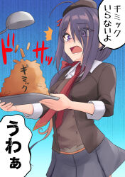  1girl ariake_(kancolle) beret black_hair black_hat blazer blue_background commentary_request food gradient_background gradient_hair grey_skirt hair_over_one_eye hat highres jacket kantai_collection ladle long_hair low_ponytail multicolored_hair necktie nekotarou_(nktr299) ponytail red_necktie skirt solo translation_request violet_eyes 