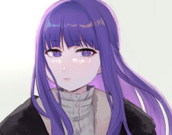  1girl black_coat blunt_bangs closed_mouth coat collar commentary dress expressionless fern_(sousou_no_frieren) frilled_collar frills half_updo highres koma_neko logo long_hair looking_at_viewer portrait purple_hair sidelocks simple_background solo sousou_no_frieren straight_hair violet_eyes white_background white_dress 