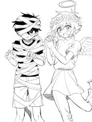  1girl 2boys alternate_costume angel angel_wings antenna_hair basil_(faraway)_(omori) basil_(omori) blood blood_on_clothes blood_on_face brother_and_sister double-parted_bangs fake_halo fake_wings gardening_shears greyscale hair_between_eyes halloween_costume halo iomor_snuuy long_hair looking_at_viewer mari_(faraway)_(omori) mari_(omori) monochrome multiple_boys mummy_costume omori open_mouth short_hair short_sleeves shorts siblings sidelocks smile something_(omori) spoilers sunny_(omori) thumbnail_surprise transparent_background wings 