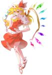  1girl absurdres alternate_hair_length alternate_hairstyle applelonus blonde_hair flandre_scarlet flat_gaze full_body hand_on_hip hat highres licking long_hair red_eyes red_shoes shoes skirt skirt_set slit_pupils touhou white_background wings 