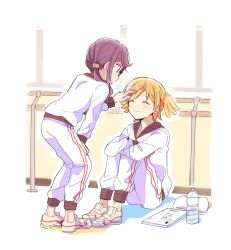  2girls ^_^ antmsekdlteo arm_rest bell black-framed_eyewear black_trim blonde_hair blush border bottle closed_eyes closed_mouth collared_jacket commentary_request crossed_arms daiba_nana facing_another facing_up flipped_bangs full_body glasses green_eyes green_ribbon hair_bell hair_ornament hand_on_own_knee hand_on_own_leg hand_up handrail highres hoshimi_junna hugging_own_legs index_finger_raised indoors jacket knees_up leaning_forward legs_together long_hair long_sleeves looking_at_another looking_down low_side_ponytail motion_lines multiple_girls notebook outline pants playing_with_another&#039;s_hair protected_link purple_hair red_trim ribbon script shoes short_hair shoujo_kageki_revue_starlight sidelocks sitting smile standing striped_clothes striped_pants towel track_jacket track_pants track_suit two_side_up water_bottle white_border white_jacket white_outline white_pants white_shoes window zipper_pull_tab 