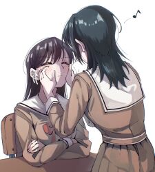  2girls bang_dream! bang_dream!_it&#039;s_mygo!!!!! black_hair blush brown_hair closed_eyes closed_mouth commentary_request doki_(oox3o) dress hanasakigawa_school_uniform hand_on_another&#039;s_cheek hand_on_another&#039;s_face highres long_hair long_sleeves mole mole_under_eye multiple_girls musical_note pleated_dress school_uniform shiina_taki simple_background white_background yahata_umiri 