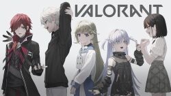  2boys 3girls aqua_eyes armpit_cutout black_hair blue_eyes blue_hair brown_hair choya_hanabi clenched_hands clothing_cutout ear_piercing from_side grey_eyes hair_ornament hanabusa_lisa highres jewelry kuzuha_(nijisanji) lauren_iroas lock long_hair multiple_boys multiple_girls nekoreito nijisanji open_mouth piercing pleated_skirt pointy_ears red_eyes red_hair ring short_hair skirt torn_clothes valorant vspo! white_hair yano_kuromu yellow_eyes 