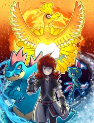  1boy blue_outline claws collarbone cresselia92 feraligatr forehead_jewel great_ball grey_outline highres ho-oh looking_at_viewer male_focus official_alternate_costume outline poke_ball pokemon pokemon_(creature) pokemon_masters_ex red_eyes red_hair silver_(pokemon) silver_(sygna_suit)_(pokemon) sneasel wings 